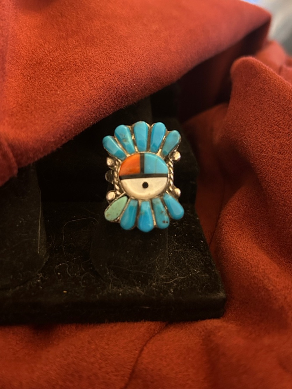 Native Turquoise Inlay Sunface Ring - Turquoise, White, Orange